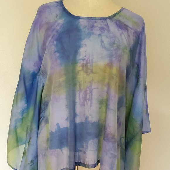 Hand Crafted Tops - NEW Silk Caftan Kaftan top batwing shirt resort S M L XL green blue painted dyed